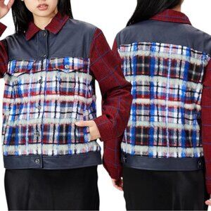Desigual Ingrid Trucker Jacket US L Plush Tartan Faux Leather Trim Blue